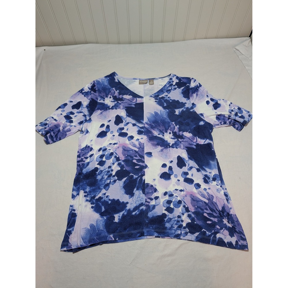 Chico's Blue Purple Floral Watercolor V-Neck Top Size 2 570304771